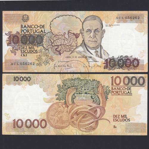 10000 Escudos Banknote Egas Moniz January 12, 1989, Plate 1, Bank of Portugal, World Paper Money Pick 185a (Circulated)