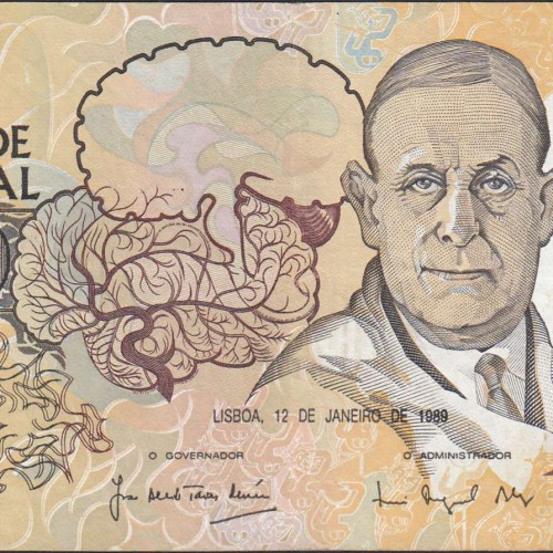10000 Escudos Banknote Egas Moniz January 12, 1989, Plate 1, Bank of Portugal, World Paper Money Pick 185a (Circulated)