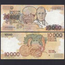 10000 Escudos Banknote Egas Moniz January 12, 1989, Plate 1, Bank of Portugal, World Paper Money Pick 185a (Circulated)