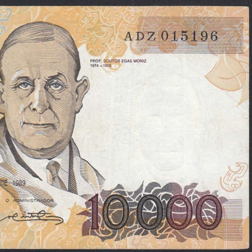 10000 Escudos Banknote Egas Moniz January 12, 1989, Plate 1, Bank of Portugal, World Paper Money Pick 185a (Circulated)