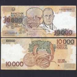 Nota de 10000 Escudos Egas Moniz 12 de Janeiro 1989, Chapa 1, Banco de Portugal, World Paper Money Pick 185a, (Circulada)
