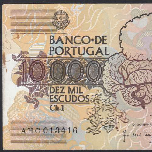 Nota de 10000 Escudos Egas Moniz 12 de Janeiro 1989, Chapa 1, Banco de Portugal, World Paper Money Pick 185a, (Circulada)