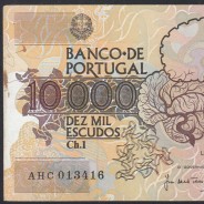 10000 Escudos Banknote Egas Moniz January 12, 1989, Plate 1, Bank of Portugal, World Paper Money Pick 185a (Circulated)