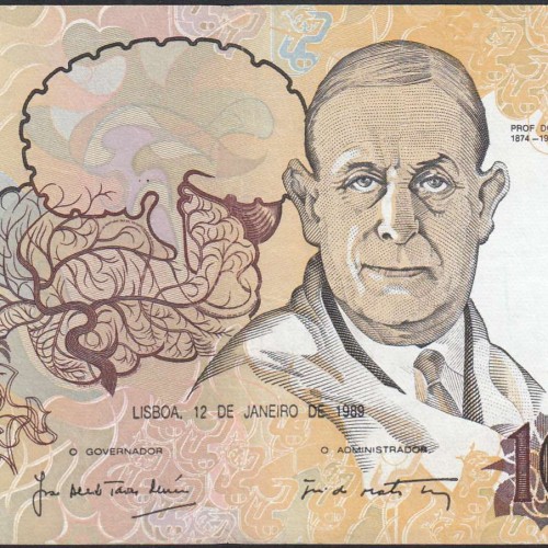 10000 Escudos Banknote Egas Moniz January 12, 1989, Plate 1, Bank of Portugal, World Paper Money Pick 185a (Circulated)