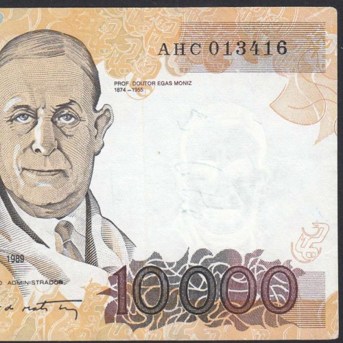 Nota de 10000 Escudos Egas Moniz 12 de Janeiro 1989, Chapa 1, Banco de Portugal, World Paper Money Pick 185a, (Circulada)