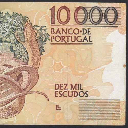 10000 Escudos Banknote Egas Moniz January 12, 1989, Plate 1, Bank of Portugal, World Paper Money Pick 185a (Circulated)