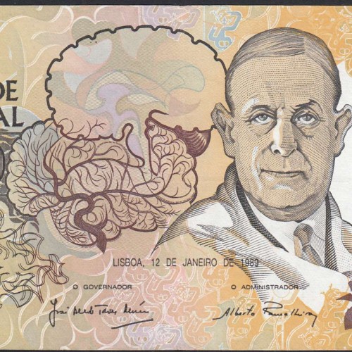 10000 Escudos Banknote Egas Moniz January 12, 1989, Plate 1, Bank of Portugal, World Paper Money Pick 185a (Little Circulated)