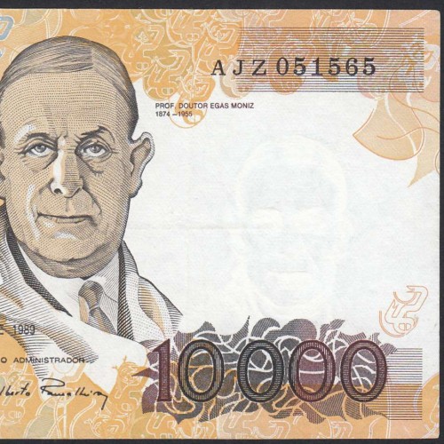 10000 Escudos Banknote Egas Moniz January 12, 1989, Plate 1, Bank of Portugal, World Paper Money Pick 185a (Little Circulated)