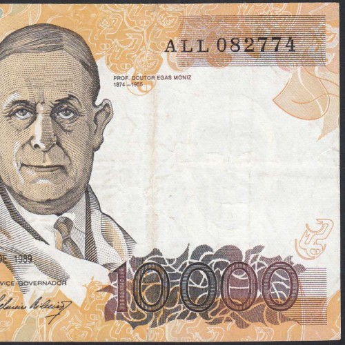 10,000 Escudos Banknote Egas Moniz December 14, 1989, Plate 1, Bank of Portugal, World Paper Money Pick 185b, (Circulated)