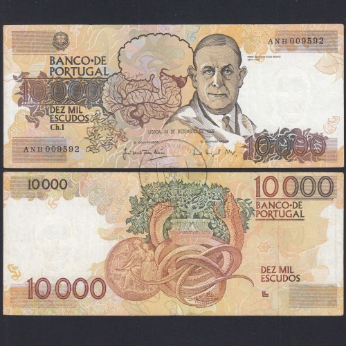Nota de 10000 Escudos Egas Moniz 14 de Dezembro 1989, Chapa 1, Banco de Portugal, World Paper Money Pick 185b, (Circulada)