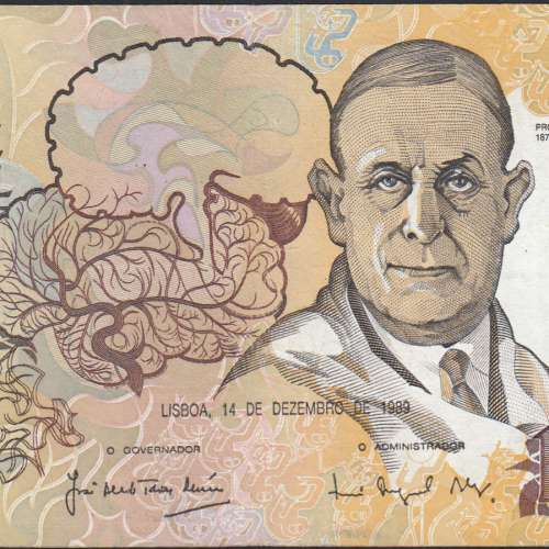 10,000 Escudos Banknote Egas Moniz December 14, 1989, Plate 1, Bank of Portugal, World Paper Money Pick 185b, (Circulated)