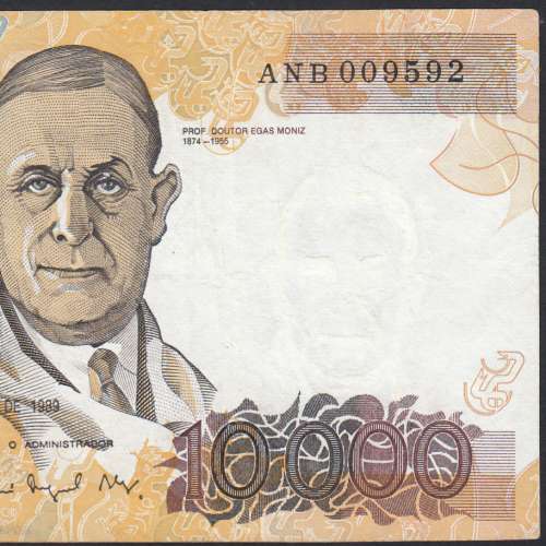Nota de 10000 Escudos Egas Moniz 14 de Dezembro 1989, Chapa 1, Banco de Portugal, World Paper Money Pick 185b, (Circulada)