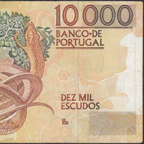 10,000 Escudos Banknote Egas Moniz December 14, 1989, Plate 1, Bank of Portugal, World Paper Money Pick 185b, (Circulated)