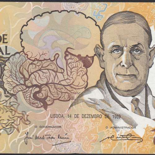 10,000 Escudos Banknote Egas Moniz December 14, 1989, Plate 1, Bank of Portugal, World Paper Money Pick 185b, (Circulated)