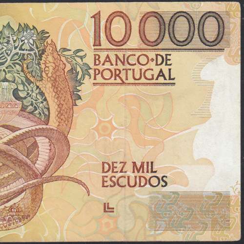 10,000 Escudos Banknote Egas Moniz December 14, 1989, Plate 1, Bank of Portugal, World Paper Money Pick 185b, (Circulated)