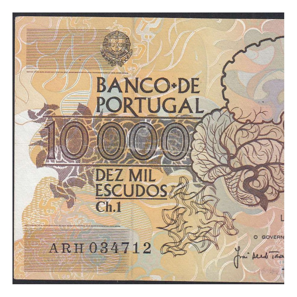 Nota de 10000 Escudos Egas Moniz 14 de Dezembro 1989, Chapa 1, Banco de Portugal, World Paper Money Pick 185b, (Circulada)