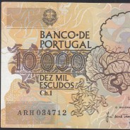 10,000 Escudos Banknote Egas Moniz December 14, 1989, Plate 1, Bank of Portugal, World Paper Money Pick 185b, (Circulated)