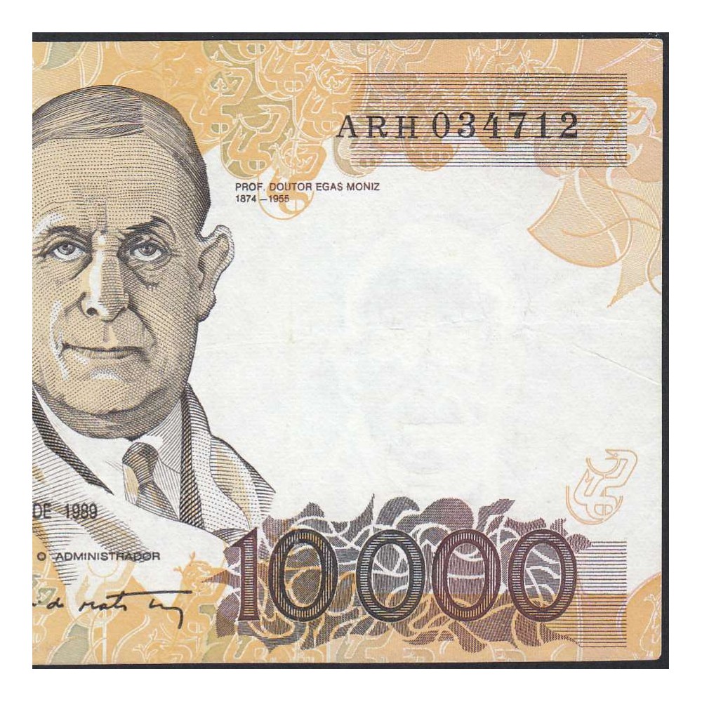 Nota de 10000 Escudos Egas Moniz 14 de Dezembro 1989, Chapa 1, Banco de Portugal, World Paper Money Pick 185b, (Circulada)