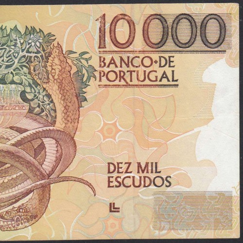 10,000 Escudos Banknote Egas Moniz December 14, 1989, Plate 1, Bank of Portugal, World Paper Money Pick 185b, (Circulated)
