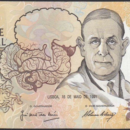 10,000 Escudos Banknote Egas Moniz May 16, 1991, Plate 1, Bank of Portugal, World Paper Money Pick 185c, (Circulated)