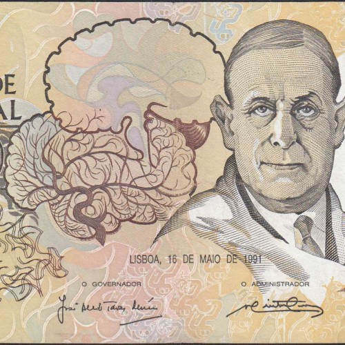 10,000 Escudos Banknote Egas Moniz May 16, 1991, Plate 1, Bank of Portugal, World Paper Money Pick 185c, (Circulated)
