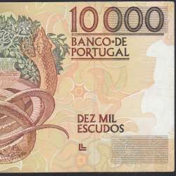 10,000 Escudos Banknote Egas Moniz May 16, 1991, Plate 1, Bank of Portugal, World Paper Money Pick 185c, (Circulated)