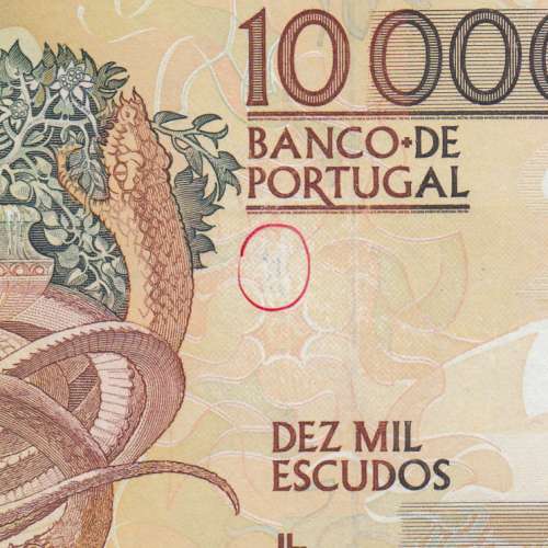 10,000 Escudos Banknote Egas Moniz December 14, 1989, Plate 1, Bank of Portugal, World Paper Money Pick 185b, (Circulated)