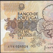 10,000 Escudos Banknote Egas Moniz December 14, 1989, Plate 1, Bank of Portugal, World Paper Money Pick 185b, (Circulated)