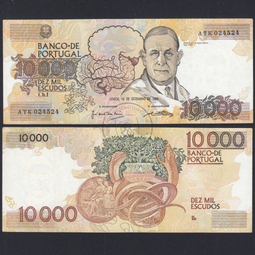 Nota de 10000 Escudos Egas Moniz 14 de Dezembro 1989, Chapa 1, Banco de Portugal, World Paper Money Pick 185b, (Circulada)