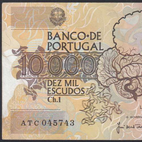 10,000 Escudos Banknote Egas Moniz December 14, 1989, Plate 1, Bank of Portugal, World Paper Money Pick 185b, (Circulated)