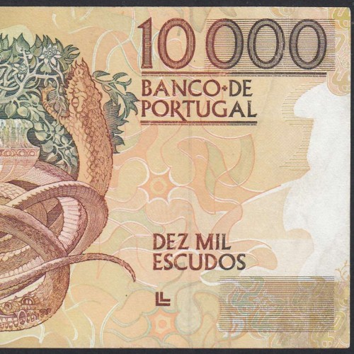 10,000 Escudos Banknote Egas Moniz December 14, 1989, Plate 1, Bank of Portugal, World Paper Money Pick 185b, (Circulated)