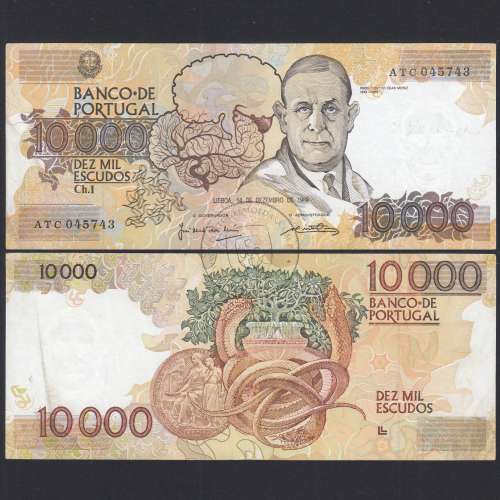 10,000 Escudos Banknote Egas Moniz December 14, 1989, Plate 1, Bank of Portugal, World Paper Money Pick 185b, (Circulated)