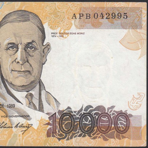 10,000 Escudos Banknote Egas Moniz December 14, 1989, Plate 1, Bank of Portugal, World Paper Money Pick 185b, (Circulated)