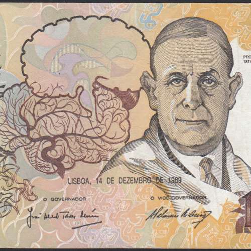 10,000 Escudos Banknote Egas Moniz December 14, 1989, Plate 1, Bank of Portugal, World Paper Money Pick 185b, (Circulated)