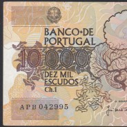 Nota de 10000 Escudos Egas Moniz 14 de Dezembro 1989, Chapa 1, Banco de Portugal, World Paper Money Pick 185b, (Circulada)