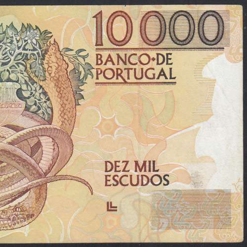 10,000 Escudos Banknote Egas Moniz December 14, 1989, Plate 1, Bank of Portugal, World Paper Money Pick 185b, (Circulated)