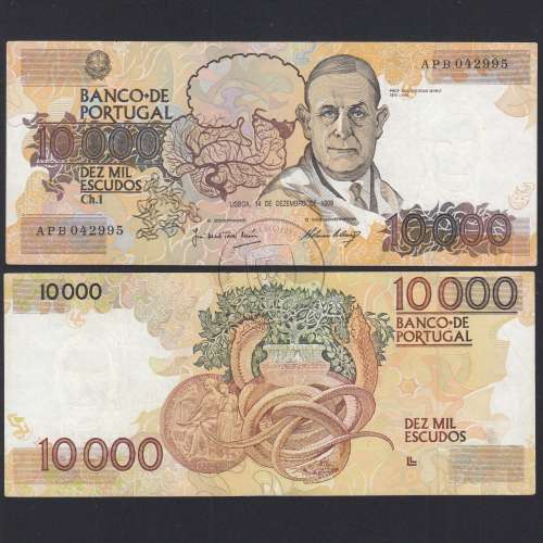 10,000 Escudos Banknote Egas Moniz December 14, 1989, Plate 1, Bank of Portugal, World Paper Money Pick 185b, (Circulated)