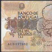 10,000 Escudos Banknote Egas Moniz December 14, 1989, Plate 1, Bank of Portugal, World Paper Money Pick 185b, (Circulated)