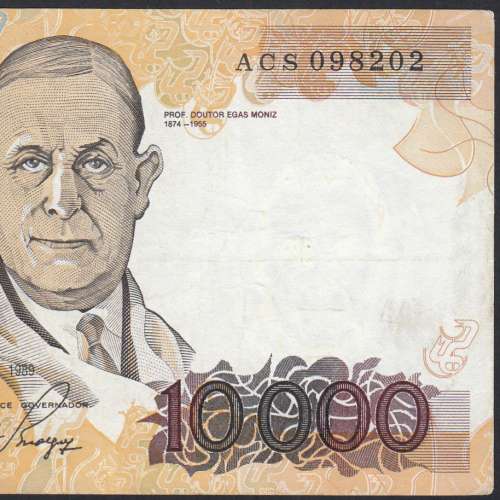Nota de 10000 Escudos Egas Moniz 12 de Janeiro 1989, Chapa 1, Banco de Portugal, World Paper Money Pick 185a, (Circulada)