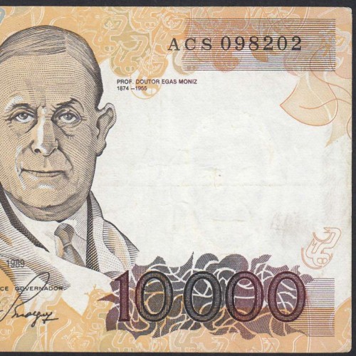 Nota de 10000 Escudos Egas Moniz 12 de Janeiro 1989, Chapa 1, Banco de Portugal, World Paper Money Pick 185a, (Circulada)