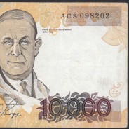 10000 Escudos Banknote Egas Moniz January 12, 1989, Plate 1, Bank of Portugal, World Paper Money Pick 185a (Circulated
