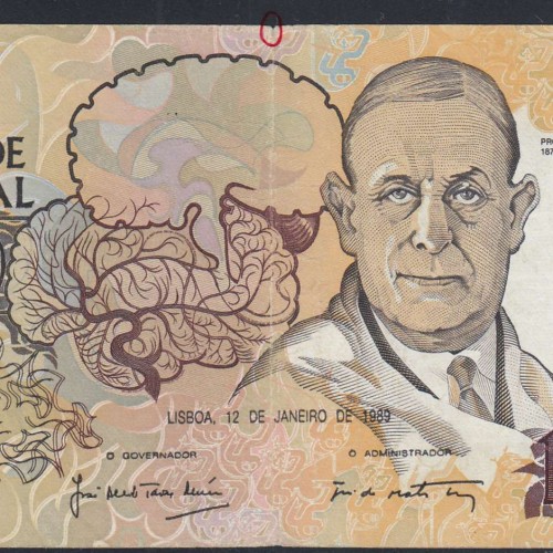 10000 Escudos Banknote Egas Moniz January 12, 1989, Plate 1, Bank of Portugal, World Paper Money Pick 185a (Circulated)