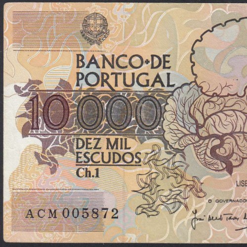 10000 Escudos Banknote Egas Moniz January 12, 1989, Plate 1, Bank of Portugal, World Paper Money Pick 185a (Circulated)