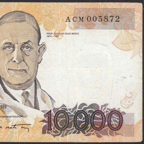 10000 Escudos Banknote Egas Moniz January 12, 1989, Plate 1, Bank of Portugal, World Paper Money Pick 185a (Circulated)