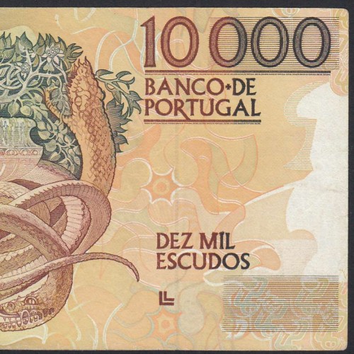 10000 Escudos Banknote Egas Moniz January 12, 1989, Plate 1, Bank of Portugal, World Paper Money Pick 185a (Circulated)