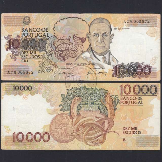 Nota de 10000 Escudos Egas Moniz 12 de Janeiro 1989, Chapa 1, Banco de Portugal, World Paper Money Pick 185a, (Circulada)