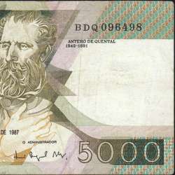 5000 Escudos 1987 Antero de Quental, 3 de Dezembro 1987 Chapa 2, Banco de Portugal, World Paper Money Pick 183 (Circulada)