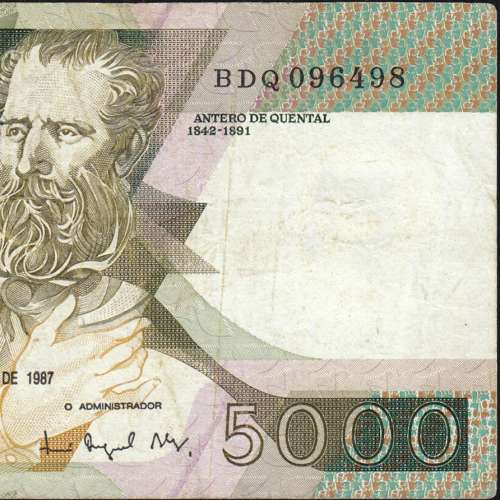 5000 Escudos 1987 Antero de Quental, 3 de Dezembro 1987 Chapa 2, Banco de Portugal, World Paper Money Pick 183 (Circulada)