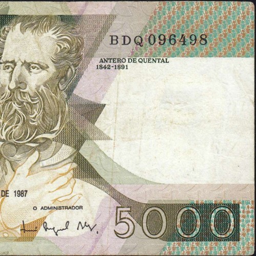 5000 Escudos 1987 Antero de Quental, 3 December 1987 Plate 2, Bank of Portugal, World Paper Money Pick 183 (Circulated)