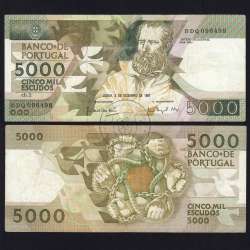 5000 Escudos 1987 Antero de Quental, 3 de Dezembro 1987 Chapa 2, Banco de Portugal, World Paper Money Pick 183 (Circulada)